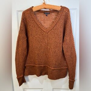 Eileen Fisher Rust Yak Wool Open Knit Boxy V-Neck Sweater L